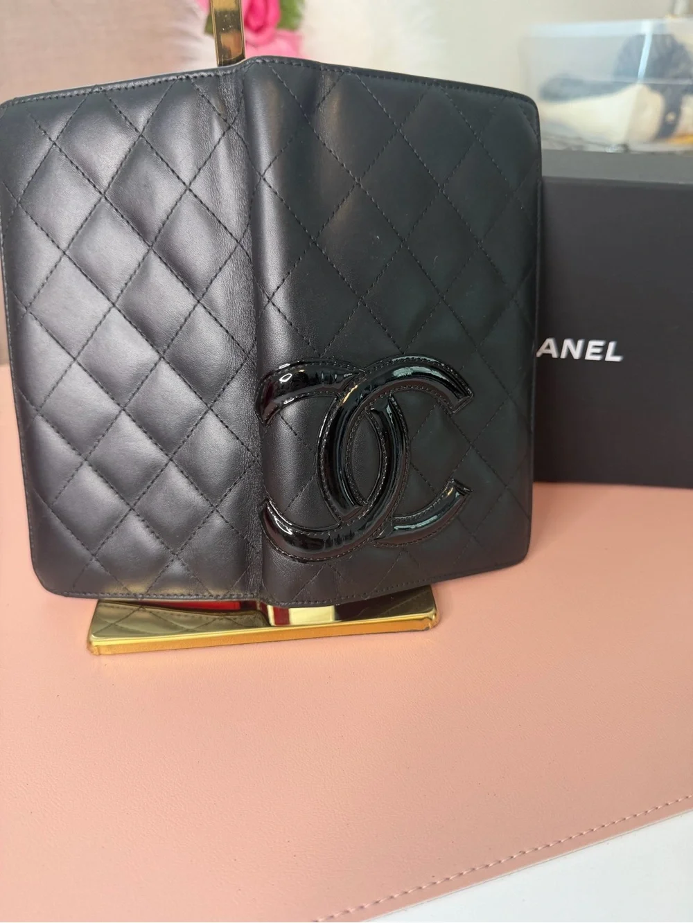 Chanel Cambon Quilted Calfskin Bifold Long Wallet Black & Neon Pink w/ Box & COA